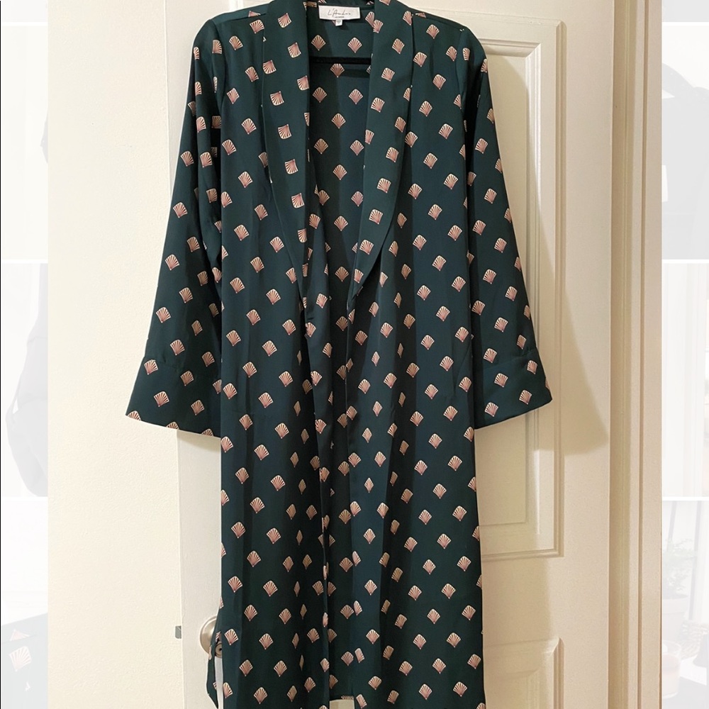 L'Academie Green Patterned Long Cardigan with Pink Accents - Picture 2 of 3